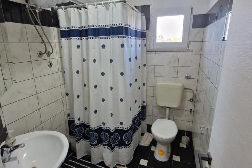 尼库加姆Apartments Belvedere - A4的带淋浴帘和卫生间的浴室