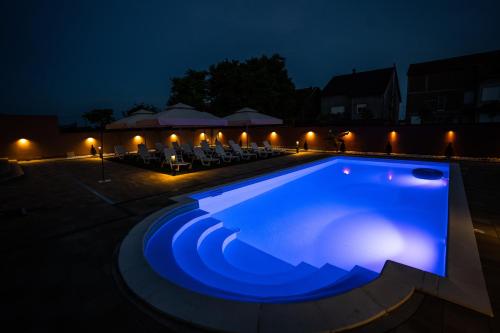 武科瓦尔Villa Biser Dunava的游泳池在晚上点亮