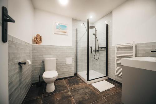 厄尔河畔帕西Appartement avec jardin的浴室配有卫生间、淋浴和盥洗盆。