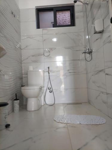 都拉斯Hotel Fama的白色的浴室设有卫生间和淋浴。