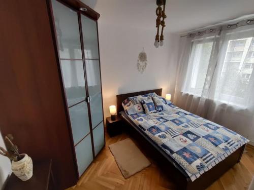 格丁尼亚Płyta 129的一间卧室配有一张床和一个玻璃衣柜