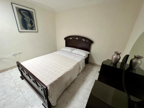 锡卡西亚Tucan Hostal的一间卧室配有一张大床和一个梳妆台