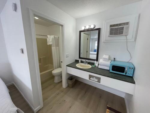 Lake CityPoolside Double Rooms的一间带水槽和台面微波炉的浴室