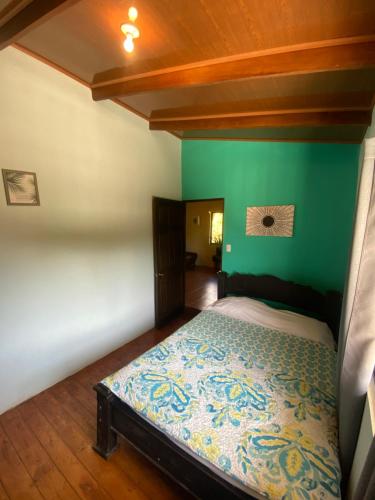ArbolitoTabaco Lodge #1 a solo 5 mins de Playa Carrillo的一间卧室配有一张带绿色墙壁的床