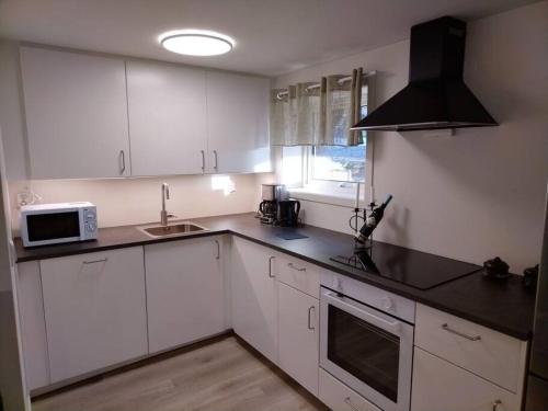 卑尔根Kjellerleilighet i Fana til leie的厨房配有白色橱柜、水槽和微波炉