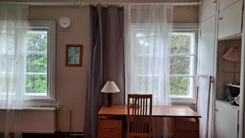 TerälahtiSalonsaaren Pappila的客房设有2扇窗户和1张带台灯的桌子。
