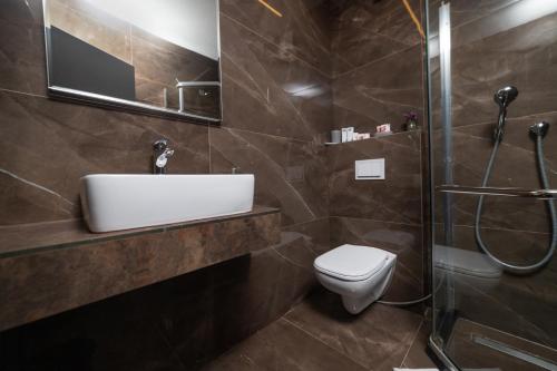 普里什蒂纳Hotel Opera的浴室配有卫生间、盥洗盆和淋浴。