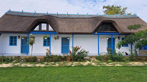 茹里洛夫卡Pensiunea Casa Golovita的一座带茅草屋顶的大型白色房屋