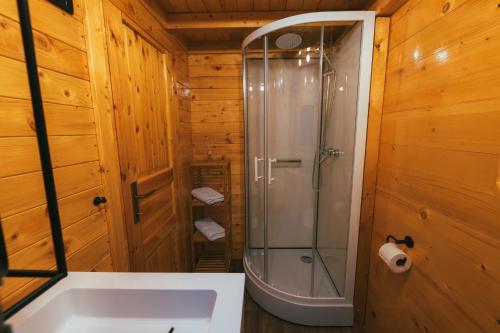 马卡尔斯卡Tiny house Aria的带浴缸的木制浴室内的淋浴