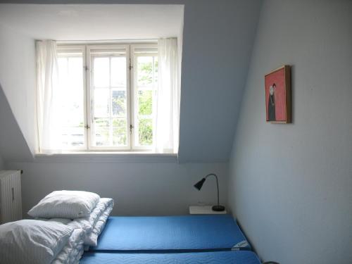 斯文堡Thurø Kro B&B的一间卧室设有蓝色的床和窗户。