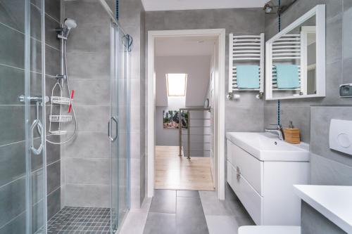 库多瓦-兹德鲁伊Apartamenty Eksploris II的带淋浴、卫生间和盥洗盆的浴室