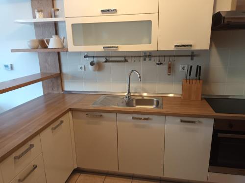 科巴里德City Nest Apartment的厨房配有白色橱柜和水槽