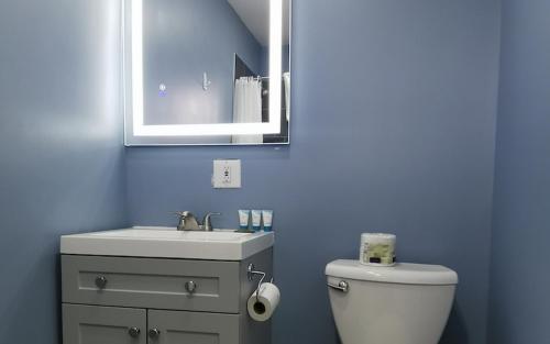 英戈尼什Glenghorm Beach Resort的蓝色的浴室设有卫生间和水槽