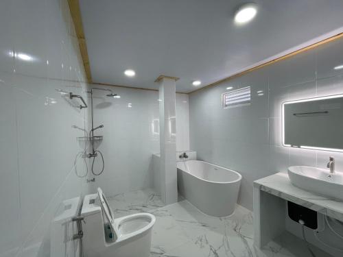 图杜Thoddoo White Sand Inn的浴室配有盥洗盆、卫生间和浴缸。