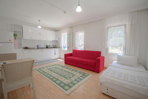 达特恰Kaya Apart Datca的一间带红色沙发的客厅和一间厨房