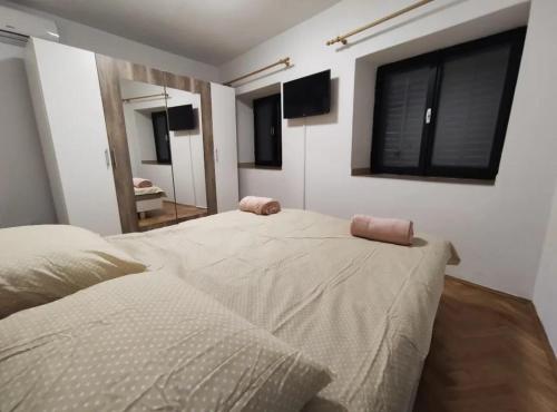 诺维·维诺多尔斯基Aretha apartman i sobe的一间卧室配有两张床和镜子