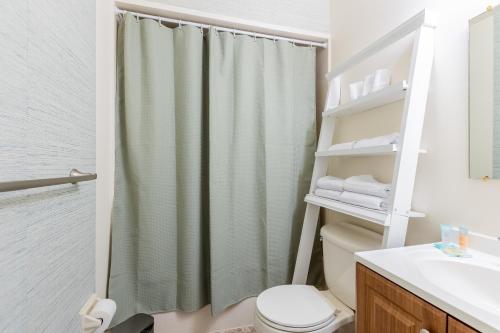 Vernon TownshipCozy 2BR condo w/ valley views的浴室设有淋浴帘,位于厕所旁