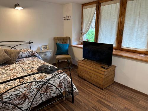 泰尔米尼洛Terminillo: appartamento ristrutturato的一间卧室配有一张床、一台电视和一把椅子
