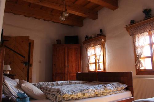 奥什恰德尼察Drevenica的一间卧室设有一张床和两个窗户。