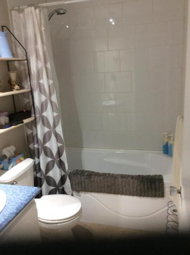 舍布鲁克Chambre confortable的带浴缸、卫生间和盥洗盆的浴室