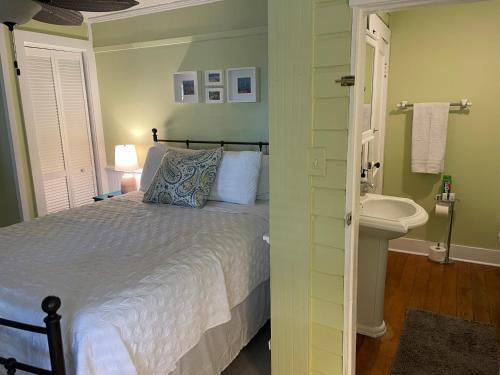 圣奥古斯丁3BR/3BA Charming Key West Style Home in Downtown Saint Augustine的一间卧室配有床和水槽,还有一间浴室