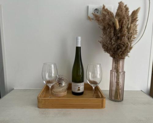 斯塔里格勒Secret Place Apartment的桌子上放有一瓶葡萄酒和两杯酒