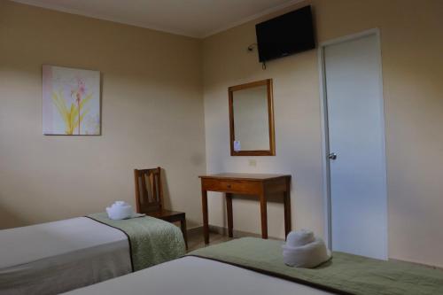 戴维Hotel Residencial Panamericano的客房设有两张床、镜子和桌子。