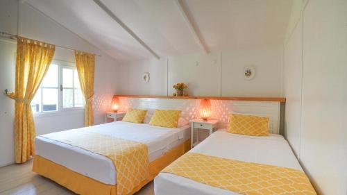 达特恰Datça Dirik Surf Beach Hotel的一间卧室设有两张床和窗户。