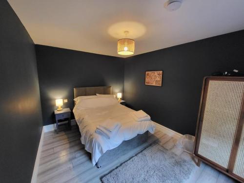 KilcolganTeresa's Cottage的一间卧室设有一张床和黑色的墙壁