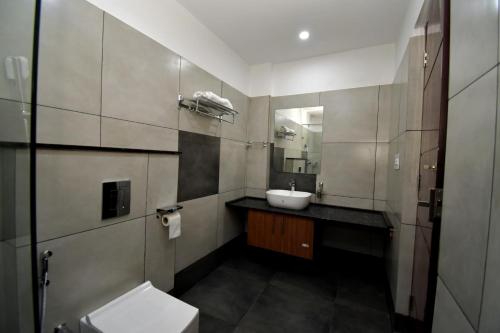卡尔佩特塔ARAKKAL GUESTHOUSE的一间带水槽、卫生间和镜子的浴室
