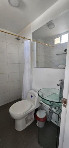 麦德林Hotel Bayadera Real的一间带卫生间和玻璃水槽的浴室