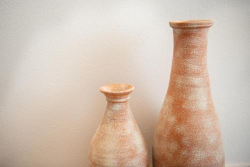 萨索斯CeraMio Suites的两个花瓶坐在墙上,彼此相邻