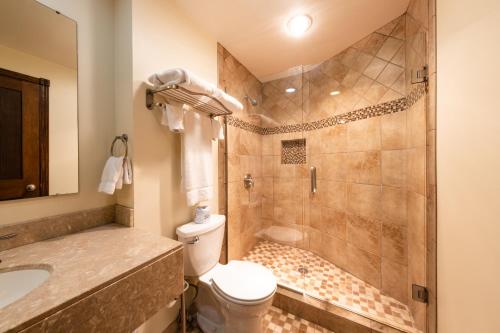 BeldingCandlestone Golf and Resort的带淋浴、卫生间和盥洗盆的浴室
