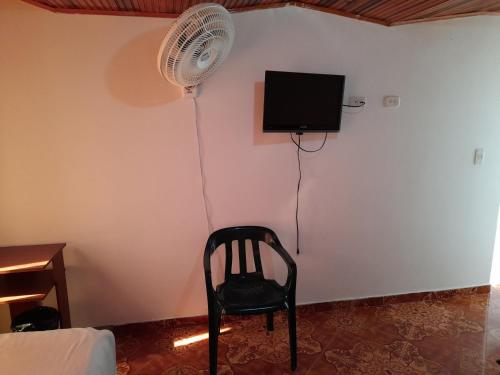 弗洛伦西亚HOTEL NUEVO SOL的客房设有椅子、电视和风扇。