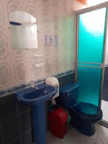 弗洛伦西亚HOTEL NUEVO SOL的浴室配有蓝色水槽和卫生间。