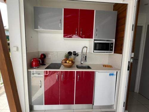 圣罗斯LE DOUX PARADISE的厨房配有红色和白色的橱柜和水槽