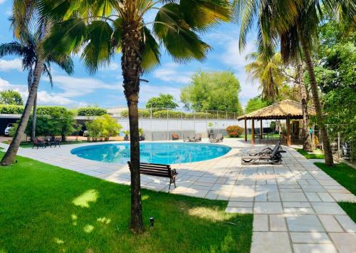 伊通比亚拉Hotel Beira Rio的一个带棕榈树和凉亭的游泳池