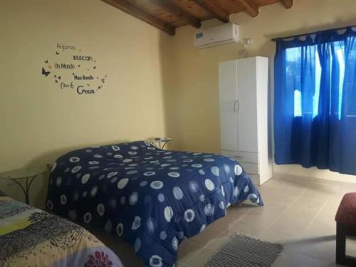 圣拉斐尔Tierra del Sol y el Vino的一间卧室配有两张床和蓝白色的棉被