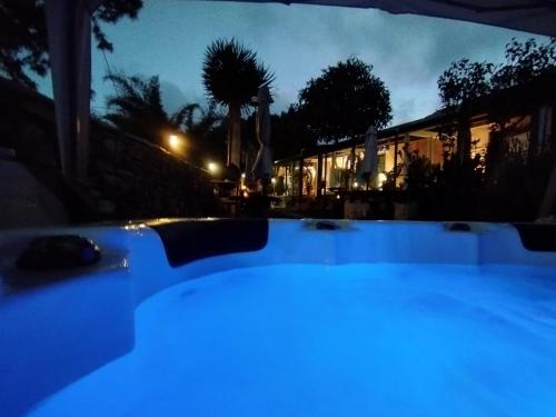 阿鲁卡斯Casa Finca Doñana的夜晚在院子里有一个灯光蓝色的游泳池