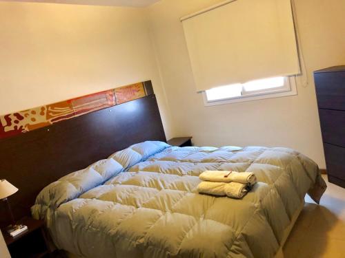 圣胡安Departamentos amoblados de Jardines de Libertador的一间卧室配有一张床,上面有两条毛巾