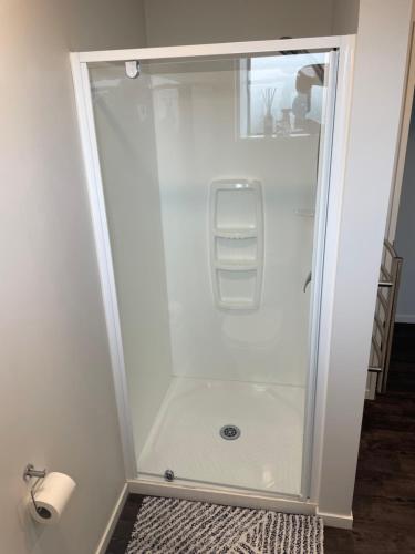 基督城Bealey Avenue Apartment, 2 Bedroom apartment, Central City的浴室里设有玻璃门淋浴