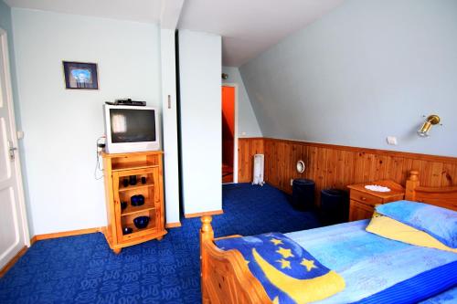 拉脱维亚派买亚斯酒店的一间卧室配有一张床,并在橱柜上配有电视