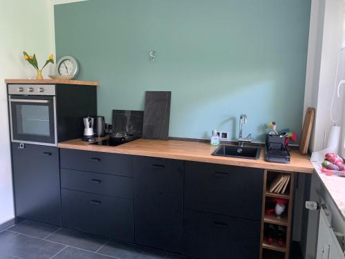 巴特萨克萨Liebevolles Appartement-Erholung pur in Bad Sachsa的厨房配有黑色橱柜和木制台面
