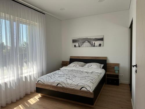 克莱佩达Villa PANDA HOUSE in Klaipeda的一间卧室设有一张床和一个大窗户