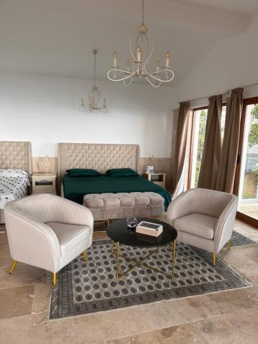 斯韦蒂·斯特凡Villa Horus的一间卧室配有一张床、两把椅子和一张桌子