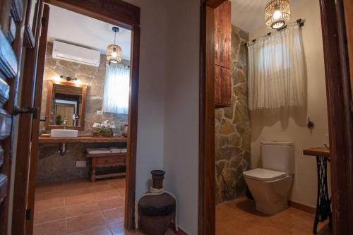 摩亚Casa del fuego的一间带卫生间、水槽和镜子的浴室