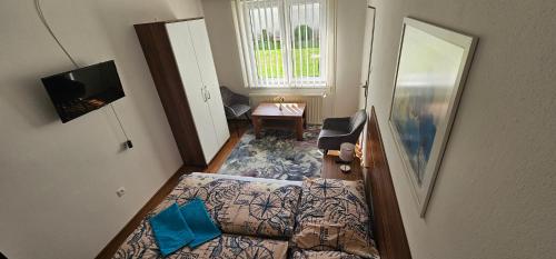 斯祖贝莱克Privat Agnesa的卧室配有一张床和一张书桌,享有风景。