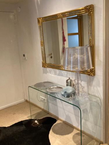 米卢斯King size lounge 76m2 de confort au centre ville的一间带玻璃水槽和镜子的浴室