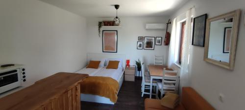ŠtrigovaHouse Thara Studio Apartments的一间带一张床和一张书桌的卧室和一间厨房