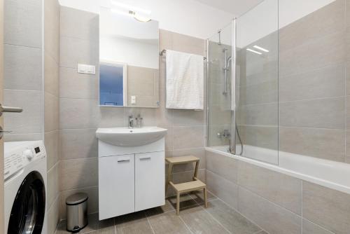 布达佩斯Urban Haven Apartments的一间带水槽、淋浴和洗衣机的浴室
